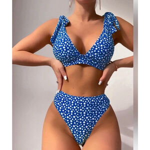 Blue Ditsy Floral Shoulder Ties High Waisted Bikini Set